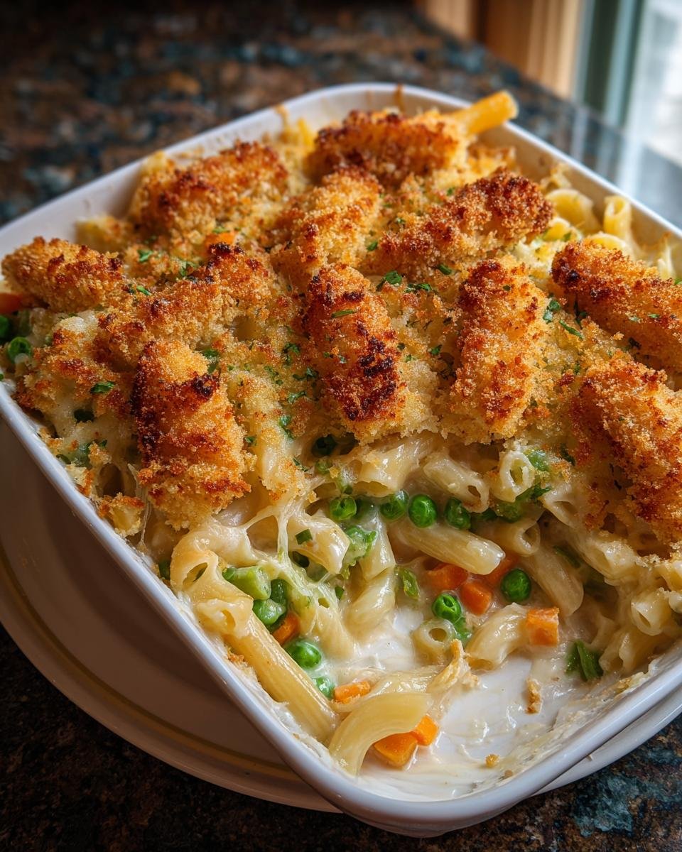Ein Auflaufgericht mit cremiger Pasta, Erbsen und Karotten, belegt mit knusprigen Fischstäbchen deluxe.
