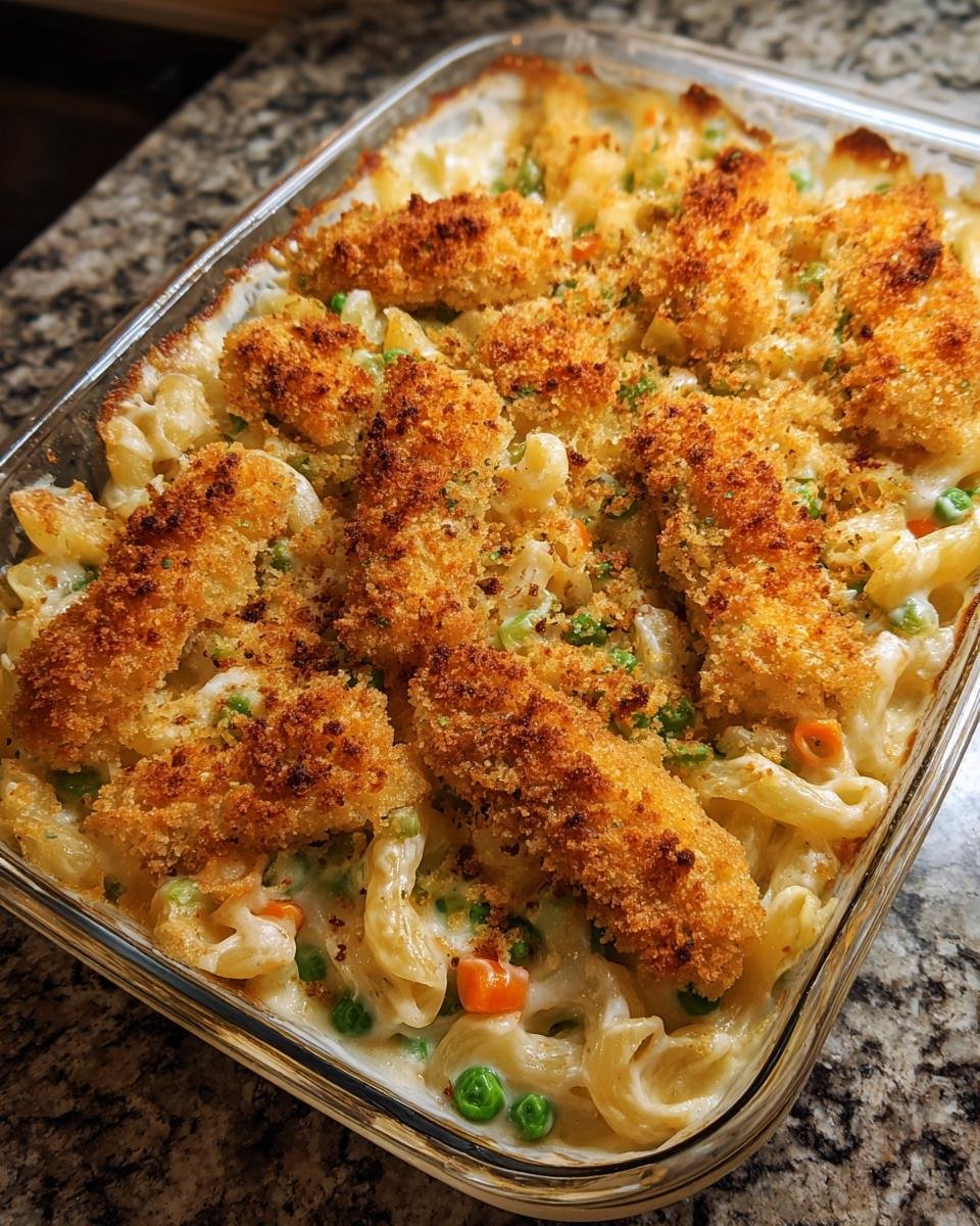 Gebratene Fischstäbchen deluxe auf einem cremigen Nudelauflauf mit Erbsen und Karotten.