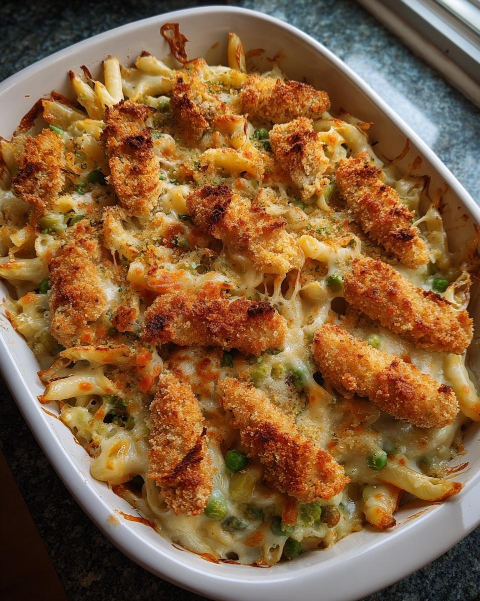 Überbackener Auflauf mit Fischstäbchen deluxe, Käse und Erbsen in einer weißen Auflaufform.