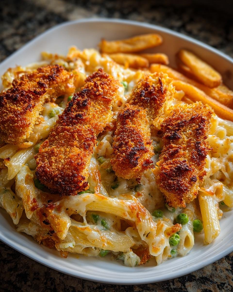 Knusprige Fischstäbchen deluxe auf cremiger Käse-Nudelpfanne mit Erbsen und Ofenpommes.