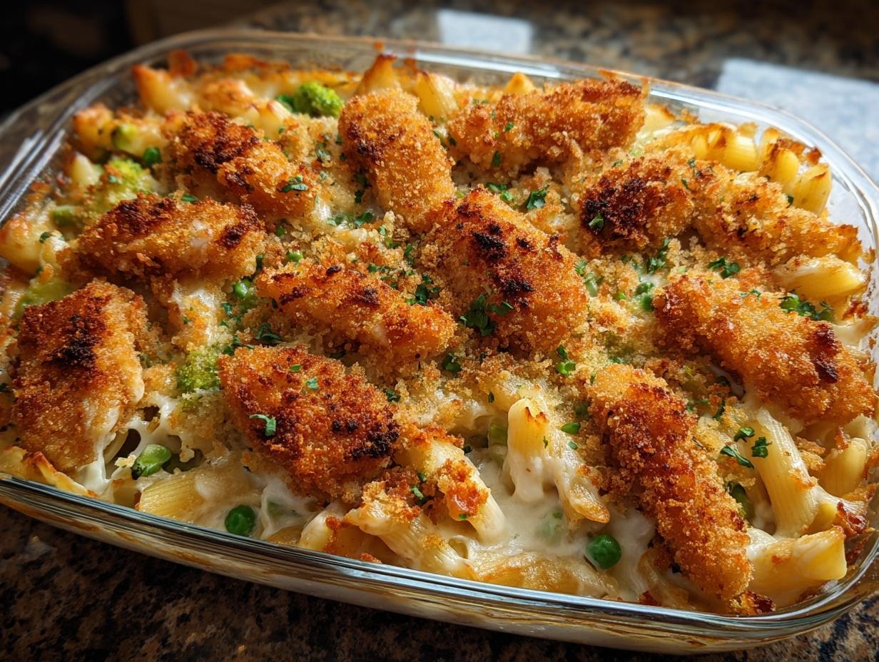 Überbackener Auflauf mit Fischstäbchen deluxe, Penne-Nudeln und cremiger Sauce im Glas.