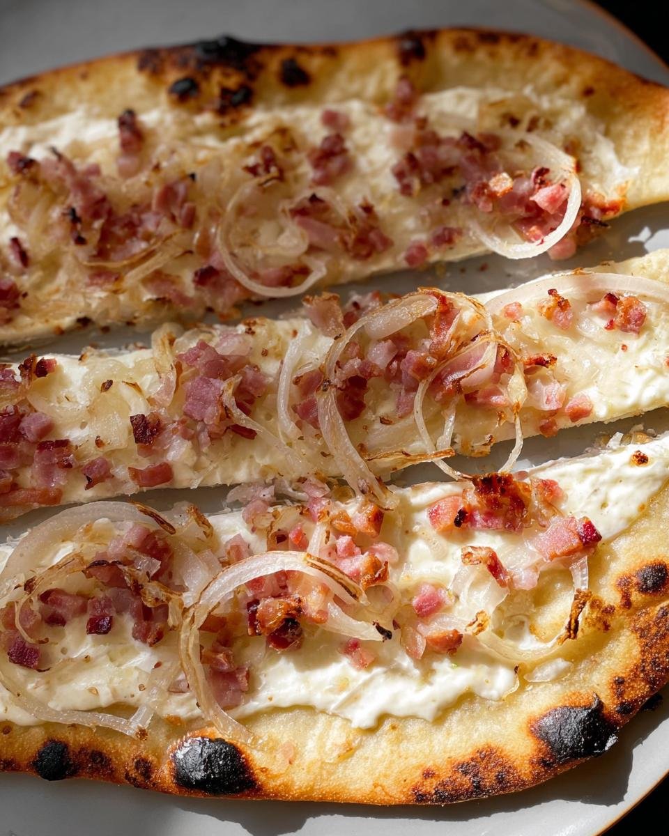 Drei Streifen frisch gebackener Flammkuchen klassisch mit Speck & Zwiebeln auf einer hellen Unterlage.