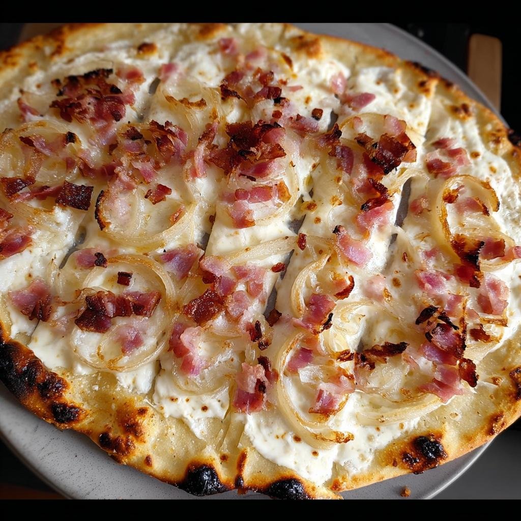 Nahaufnahme eines frisch gebackenen Flammkuchen klassisch mit Speck & Zwiebeln auf einer cremigen Basis.
