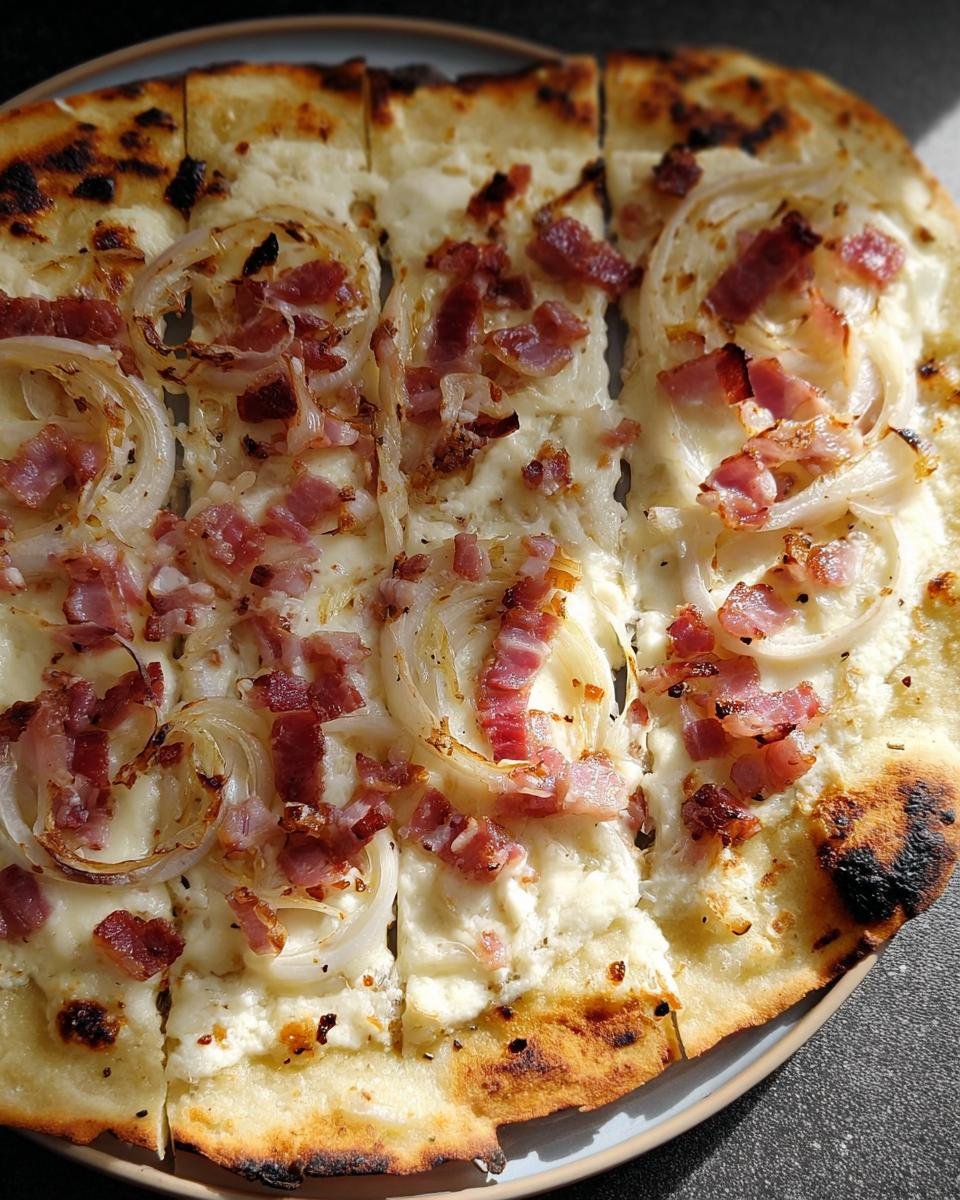 Close-up of freshly baked Flammkuchen klassisch mit Speck & Zwiebeln, sliced and topped with cream, onions, and bacon.