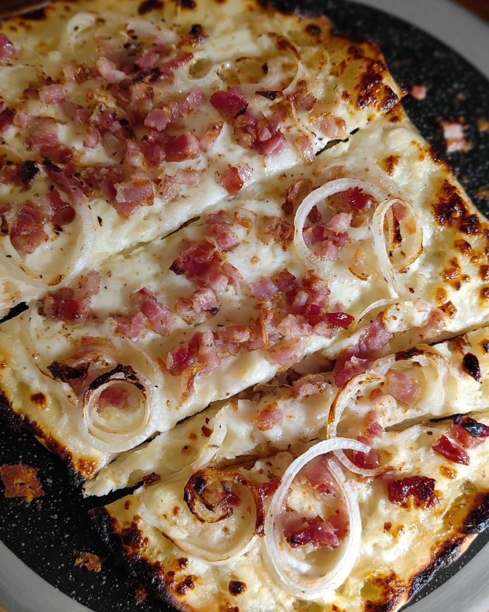 Nahaufnahme von Flammkuchen klassisch mit Speck & Zwiebeln, in Streifen geschnitten, mit knusprigem Rand.