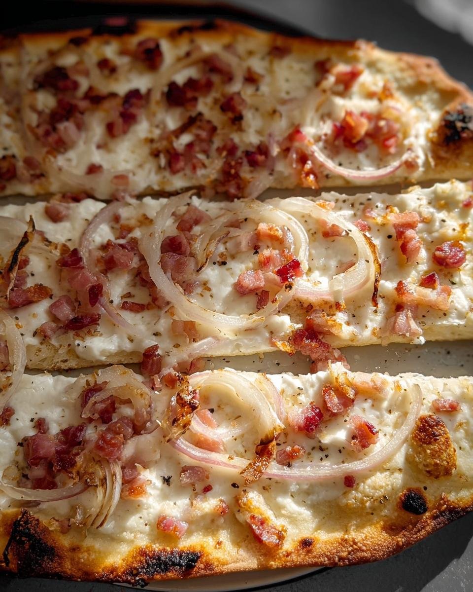 Close-up of three slices of Flammkuchen klassisch mit Speck & Zwiebeln, showing crispy crust, crème fraîche, bacon bits, and onions.
