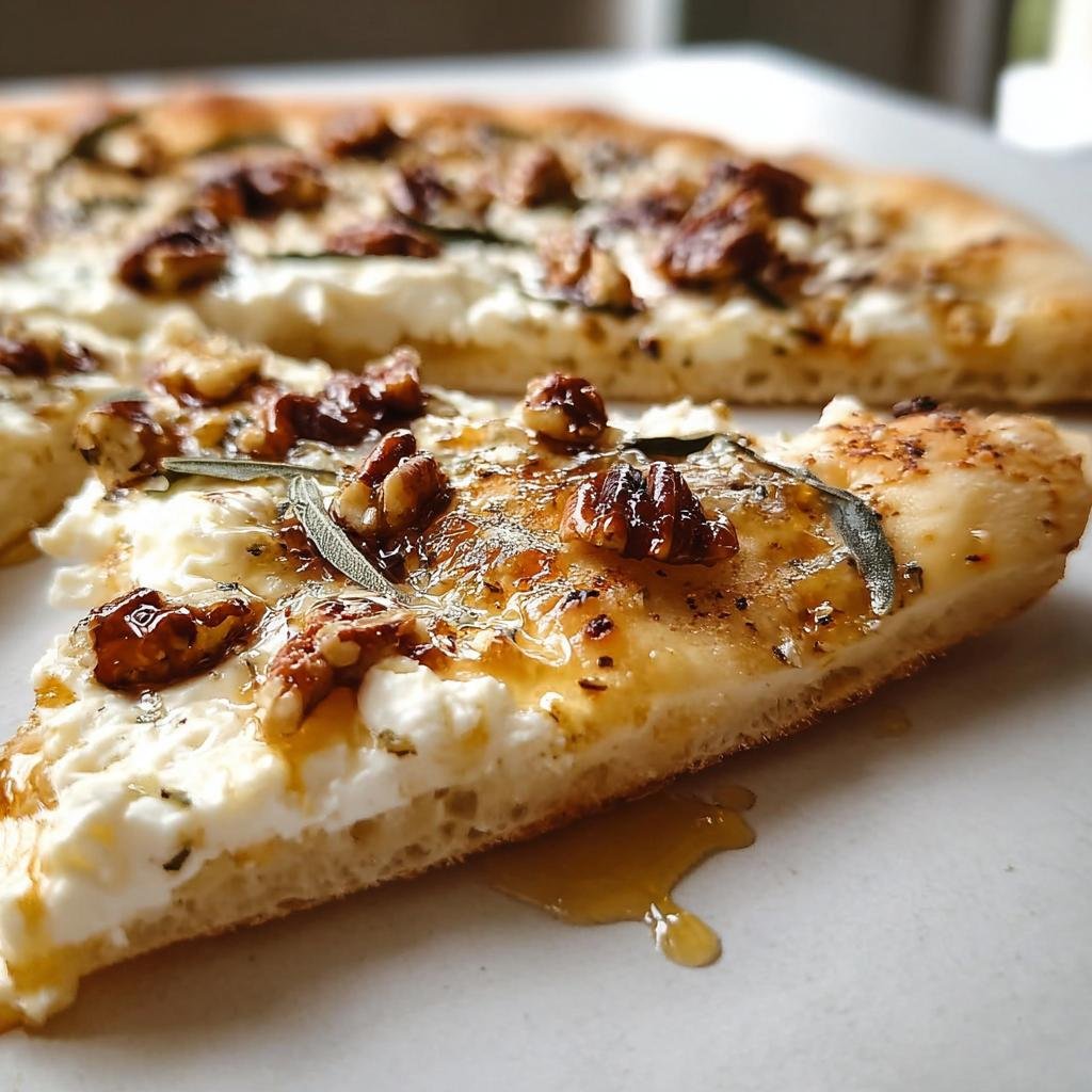 Nahaufnahme eines Stücks Flammkuchen mit Ziegenkäse & Honig, belegt mit Walnüssen und Salbei.