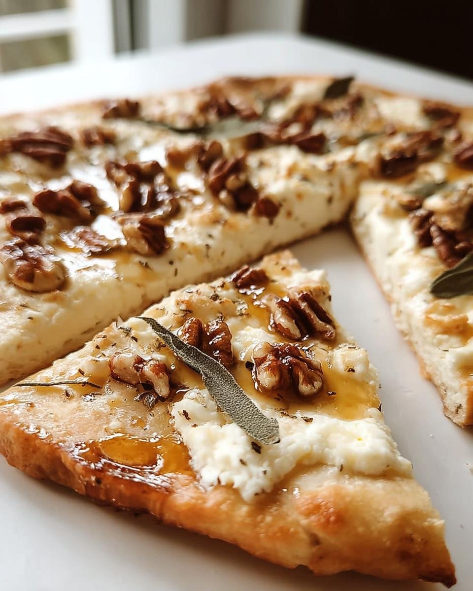 Ein Stück Flammkuchen mit Ziegenkäse, Honig, Walnüssen und Salbeiblatt, bereit zum Genuss.