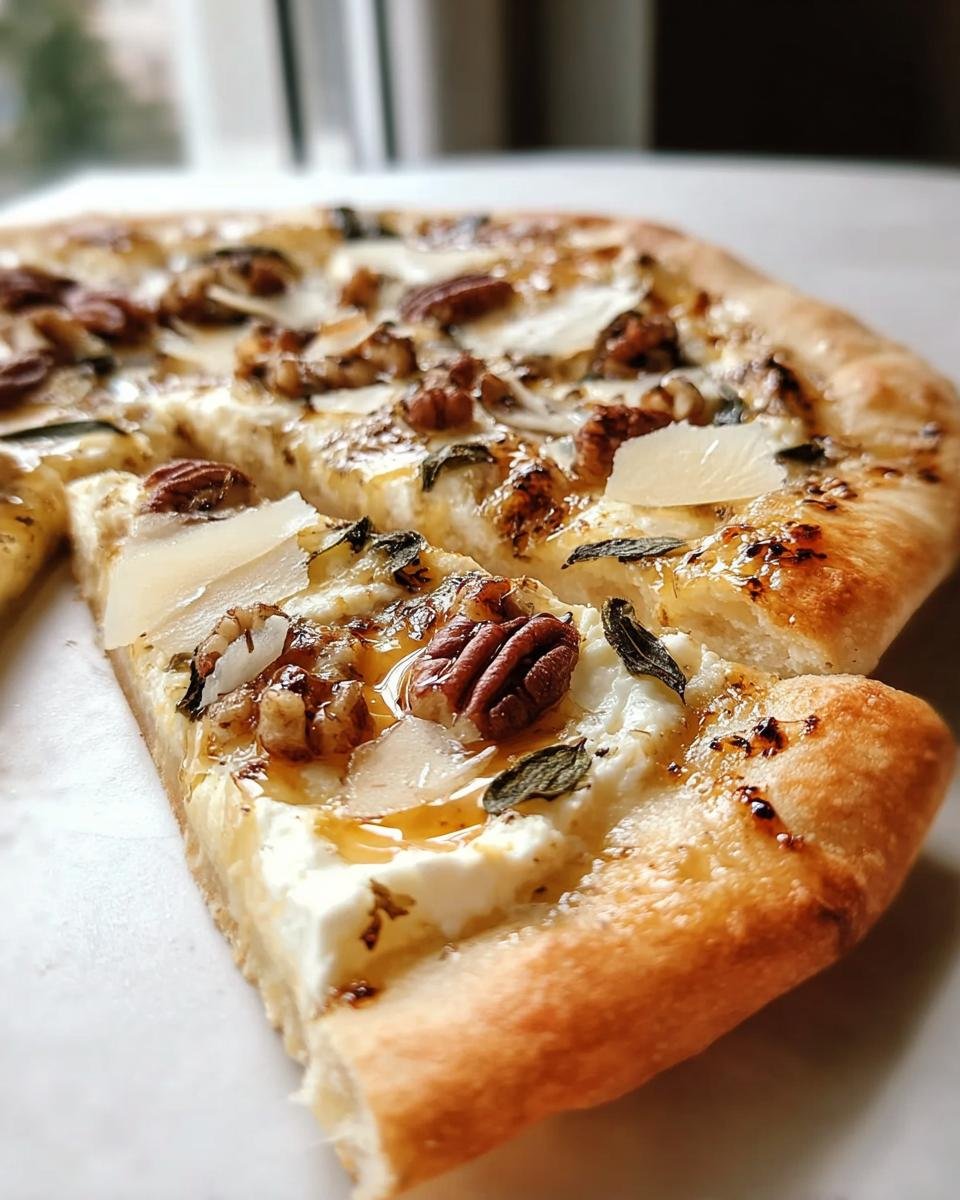 Nahaufnahme eines Stücks Flammkuchen mit Ziegenkäse, Honig, Pekannüssen und Kräutern.