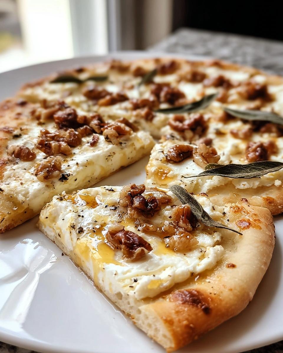 Ein angeschnittenes Stück Flammkuchen mit Ziegenkäse, Honig, Walnüssen und Salbeiblättern auf einem weißen Teller.