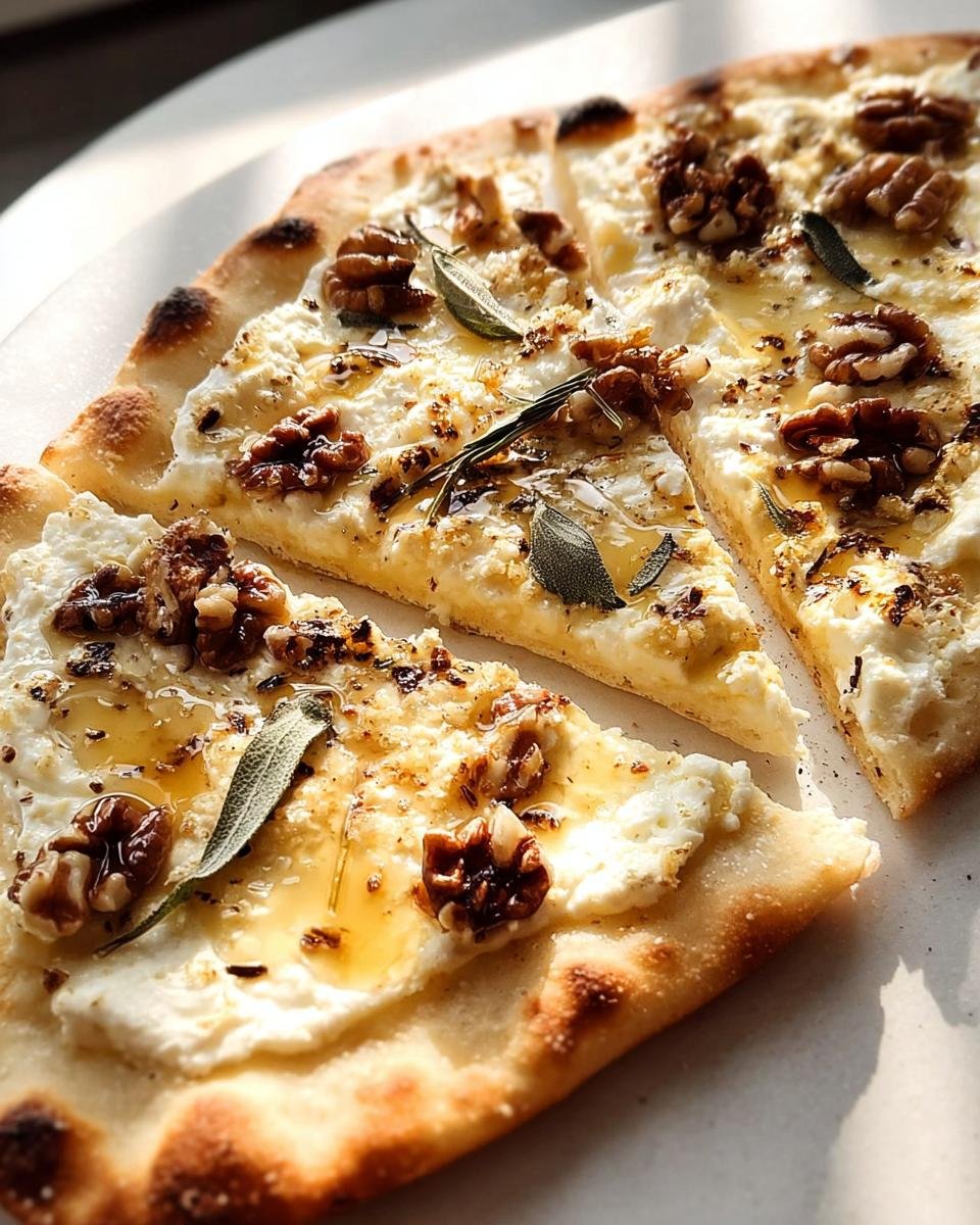 Drei Stücke Flammkuchen mit Ziegenkäse, Honig, Walnüssen und Salbei, perfekt für das Rezept Flammkuchen mit Ziegenkäse & Honig.