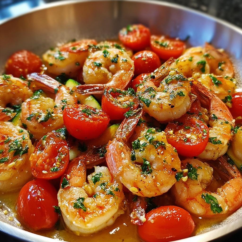 Nahaufnahme einer köstlichen Garnelen-Pfanne mit Knoblauch & Zucchini und Kirschtomaten.