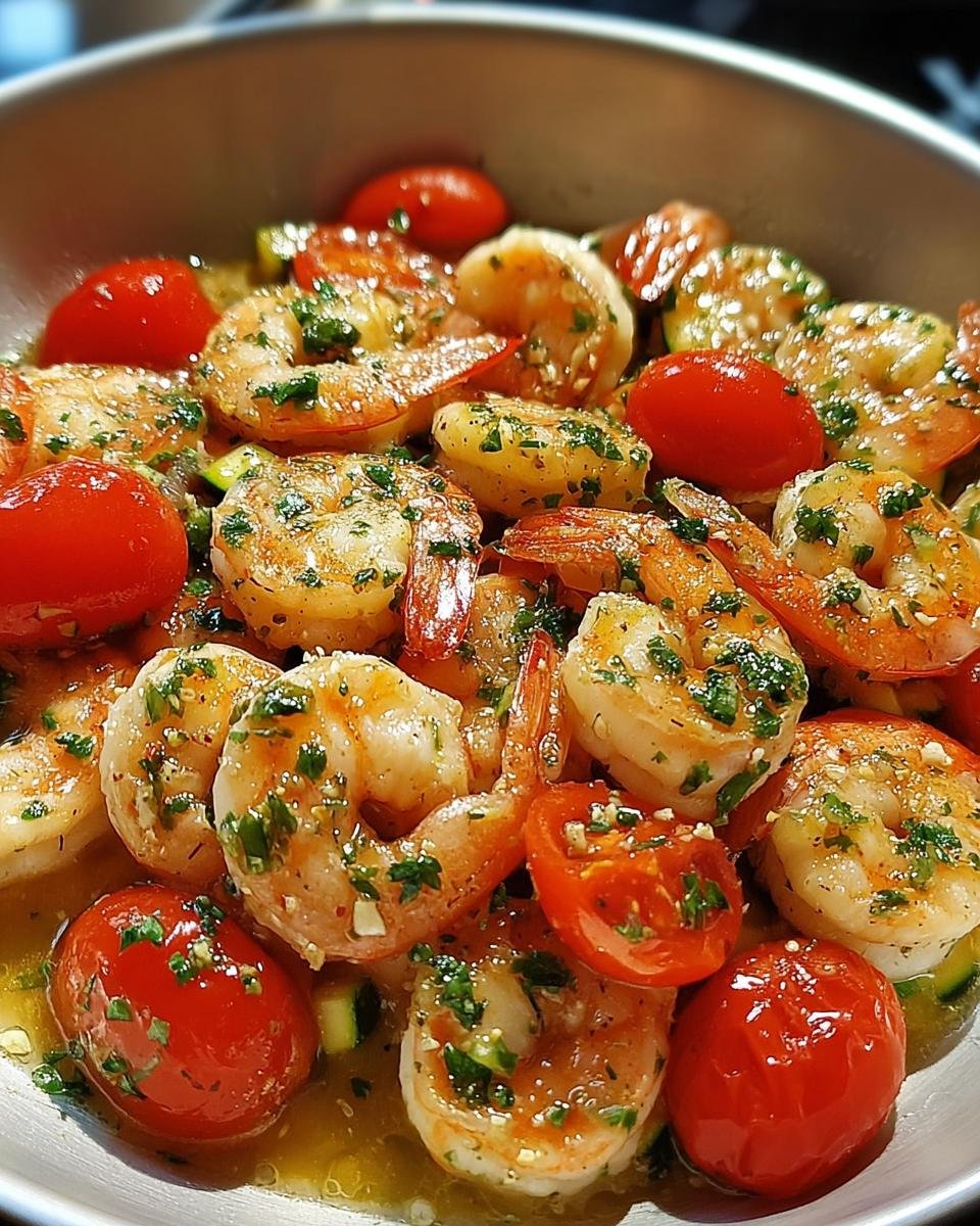 Nahaufnahme einer Garnelen-Pfanne mit Knoblauch und Zucchini, garniert mit Kirschtomaten und Kräutern.