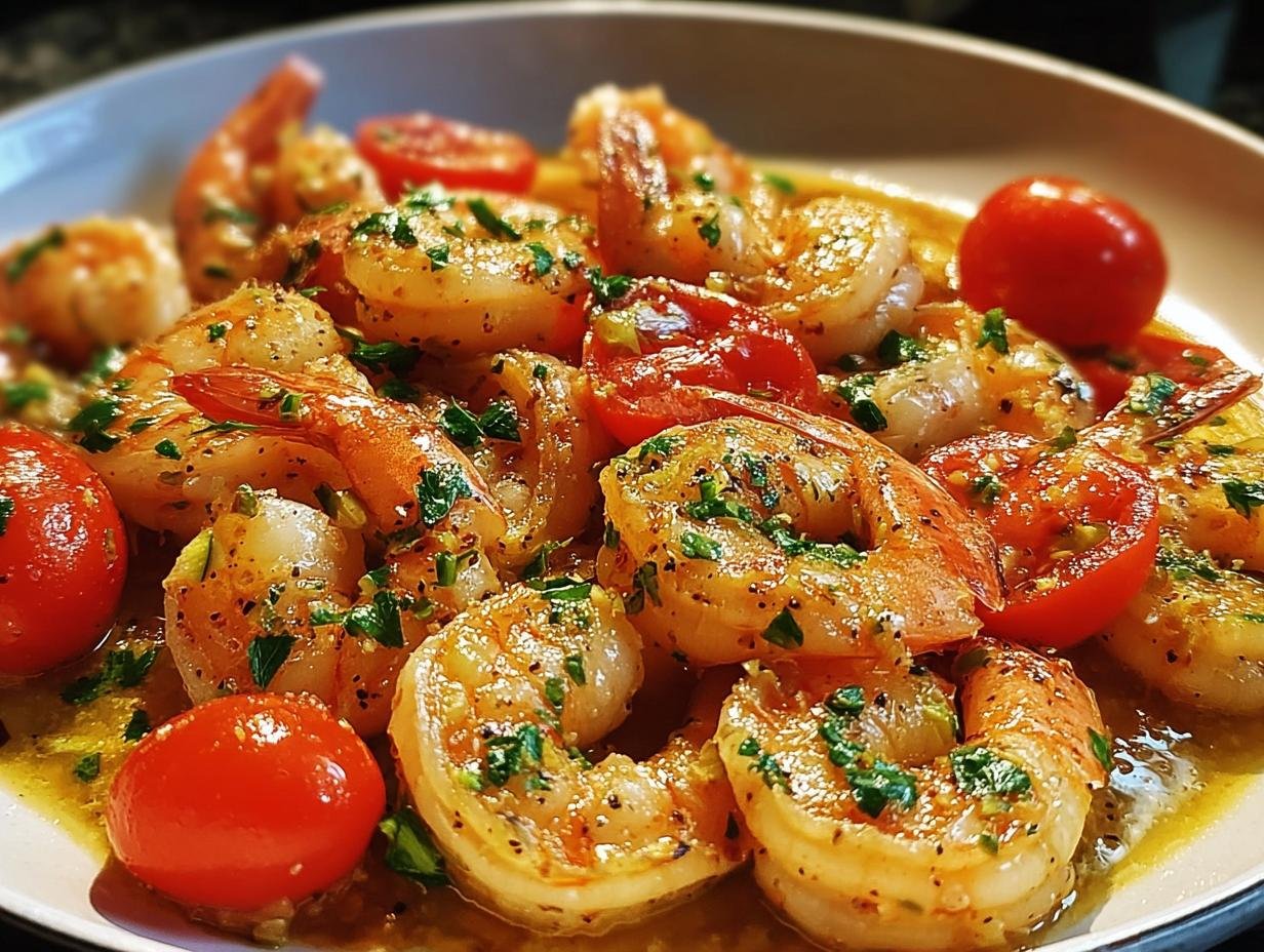 Nahaufnahme einer köstlichen Garnelen-Pfanne mit Knoblauch & Zucchini, garniert mit Kirschtomaten und Petersilie.