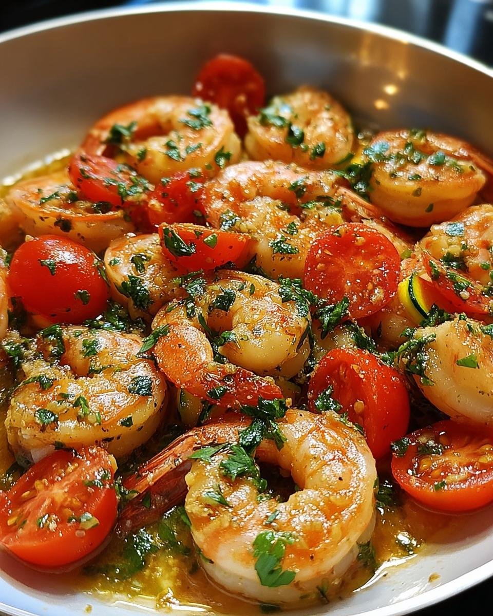 Nahaufnahme von saftigen Garnelen-Pfanne mit Knoblauch, Zucchini und halbierten Kirschtomaten.