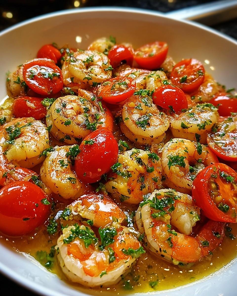 Nahaufnahme von saftigen Garnelen in Knoblauchbutter mit halbierten Kirschtomaten, typisch für Garnelen-Pfanne mit Knoblauch & Zucchini.