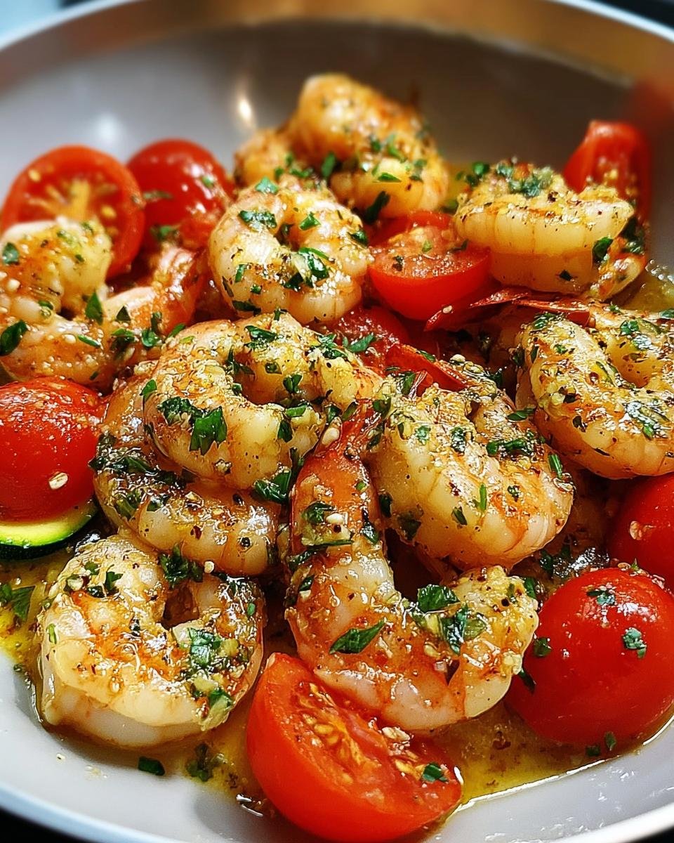 Garnelen-Pfanne mit Knoblauch & Zucchini, saftige Garnelen mit Kirschtomaten und Kräutern in Knoblauchöl.