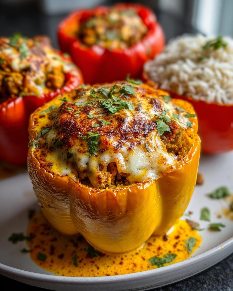 Nahaufnahme einer saftigen, gelben Gefüllte Paprika mit Hack & Reis, überbacken mit Käse und Petersilie.