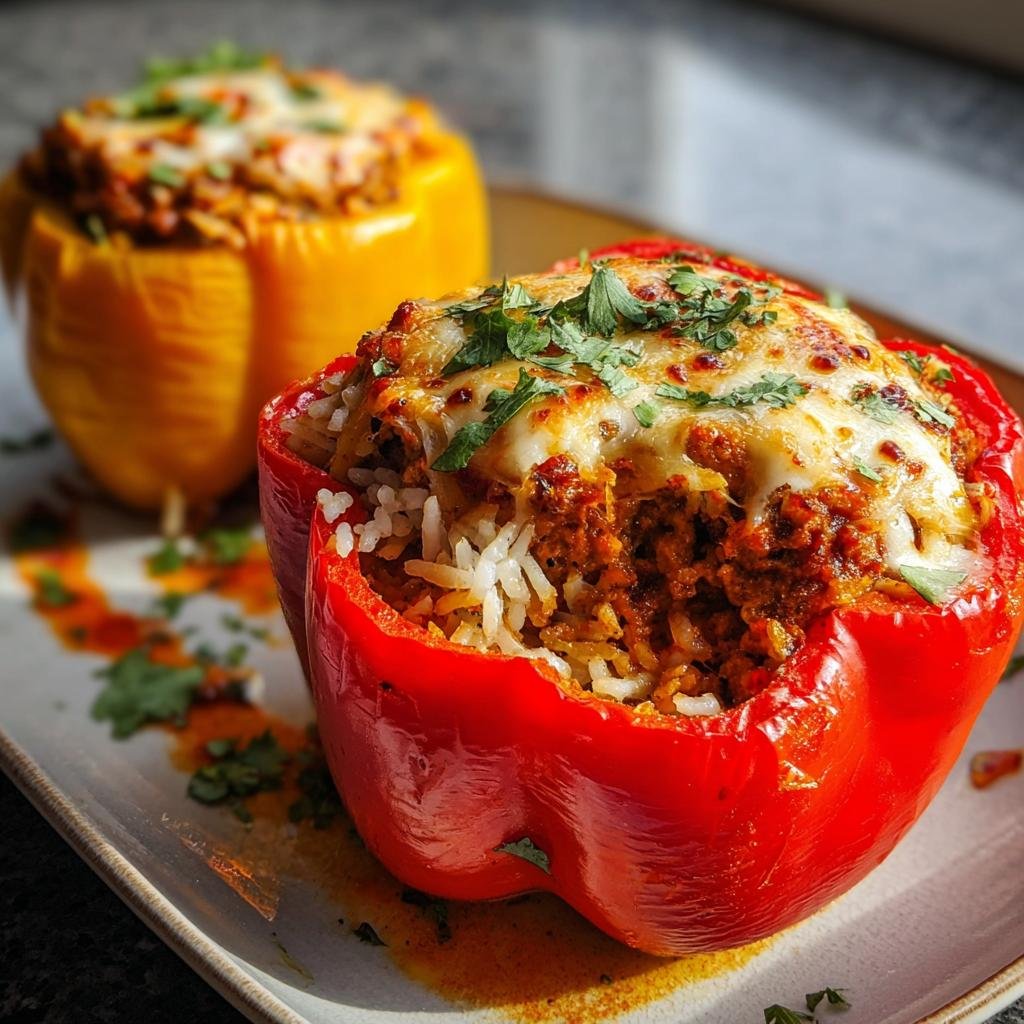 Nahaufnahme von saftigen Gefüllte Paprika mit Hack & Reis, bedeckt mit geschmolzenem Käse und Petersilie.