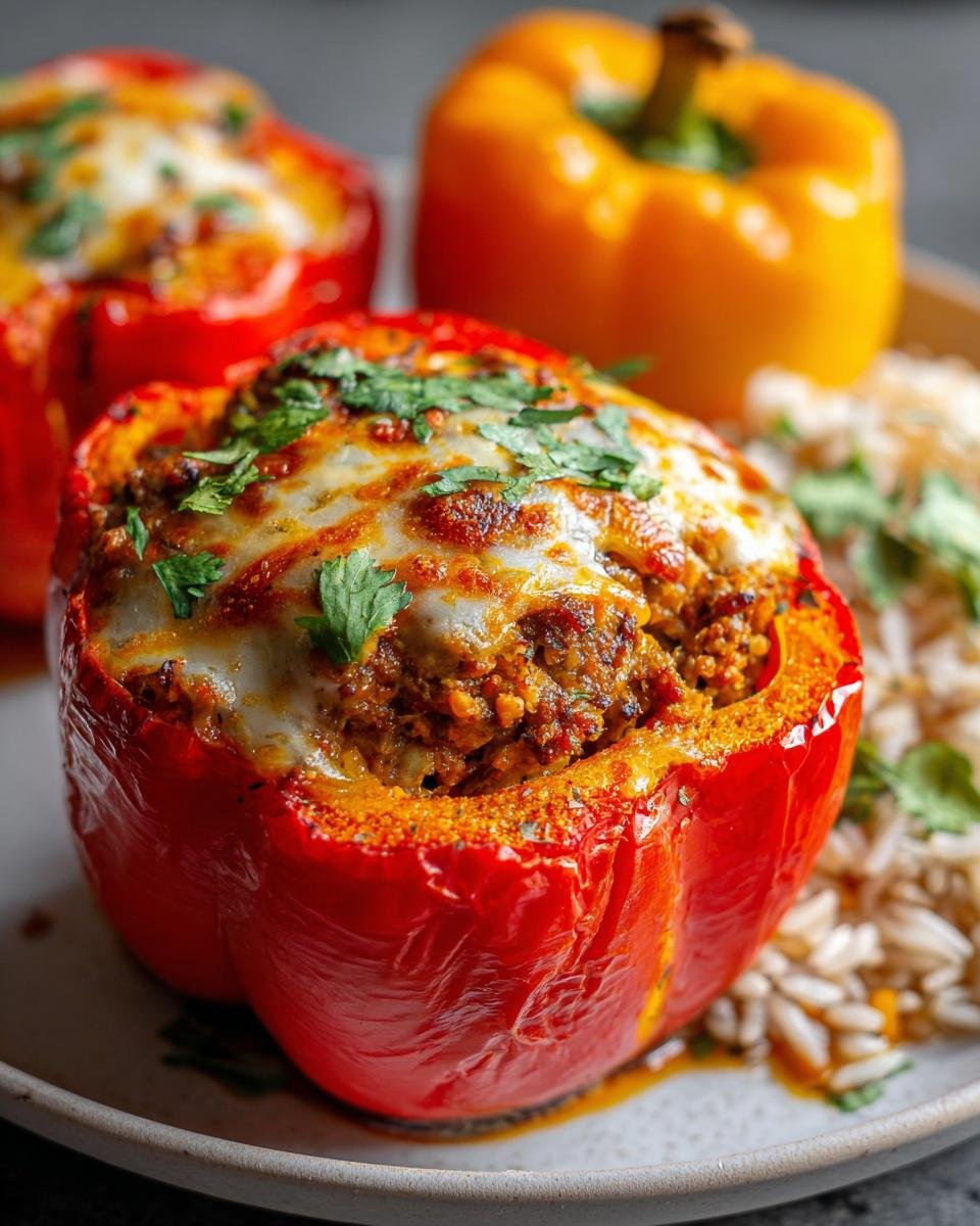 Nahaufnahme einer saftigen, roten Gefüllte Paprika mit Hack & Reis, überbacken mit geschmolzenem Käse und Petersilie.