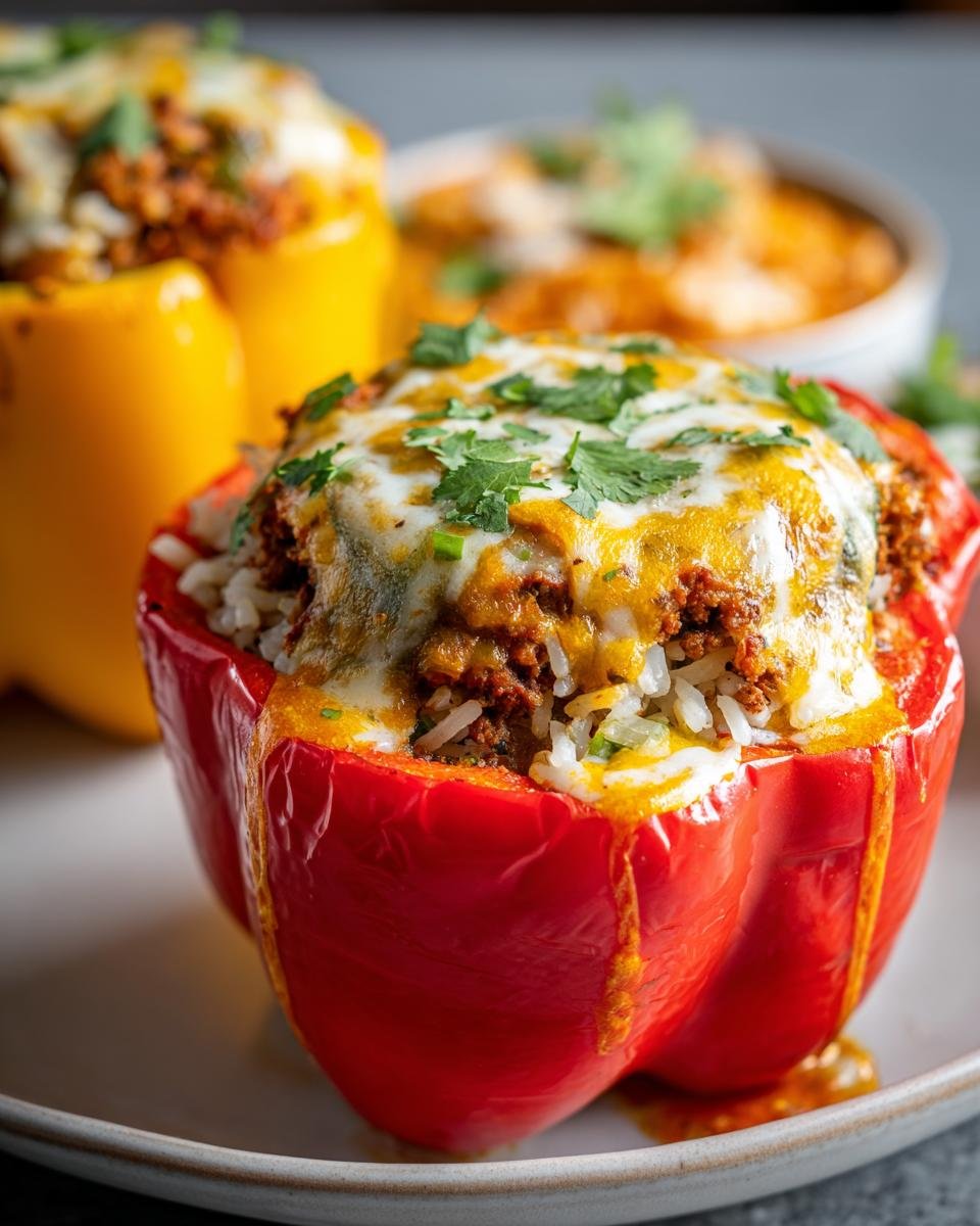 Nahaufnahme einer roten Gefüllte Paprika mit Hack & Reis, bedeckt mit geschmolzenem Käse und frischer Petersilie.