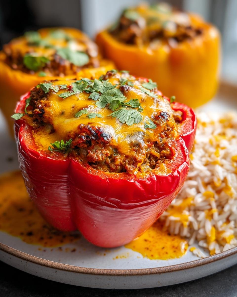 Nahaufnahme einer roten Gefüllte Paprika mit Hack & Reis, bedeckt mit geschmolzenem Käse und Petersilie.