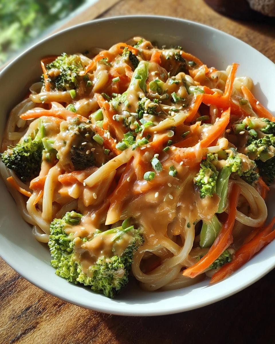 Nahaufnahme einer Schüssel mit Gemüsepfanne mit Erdnusssauce & Nudeln, belegt mit Brokkoli und Karottenstreifen.