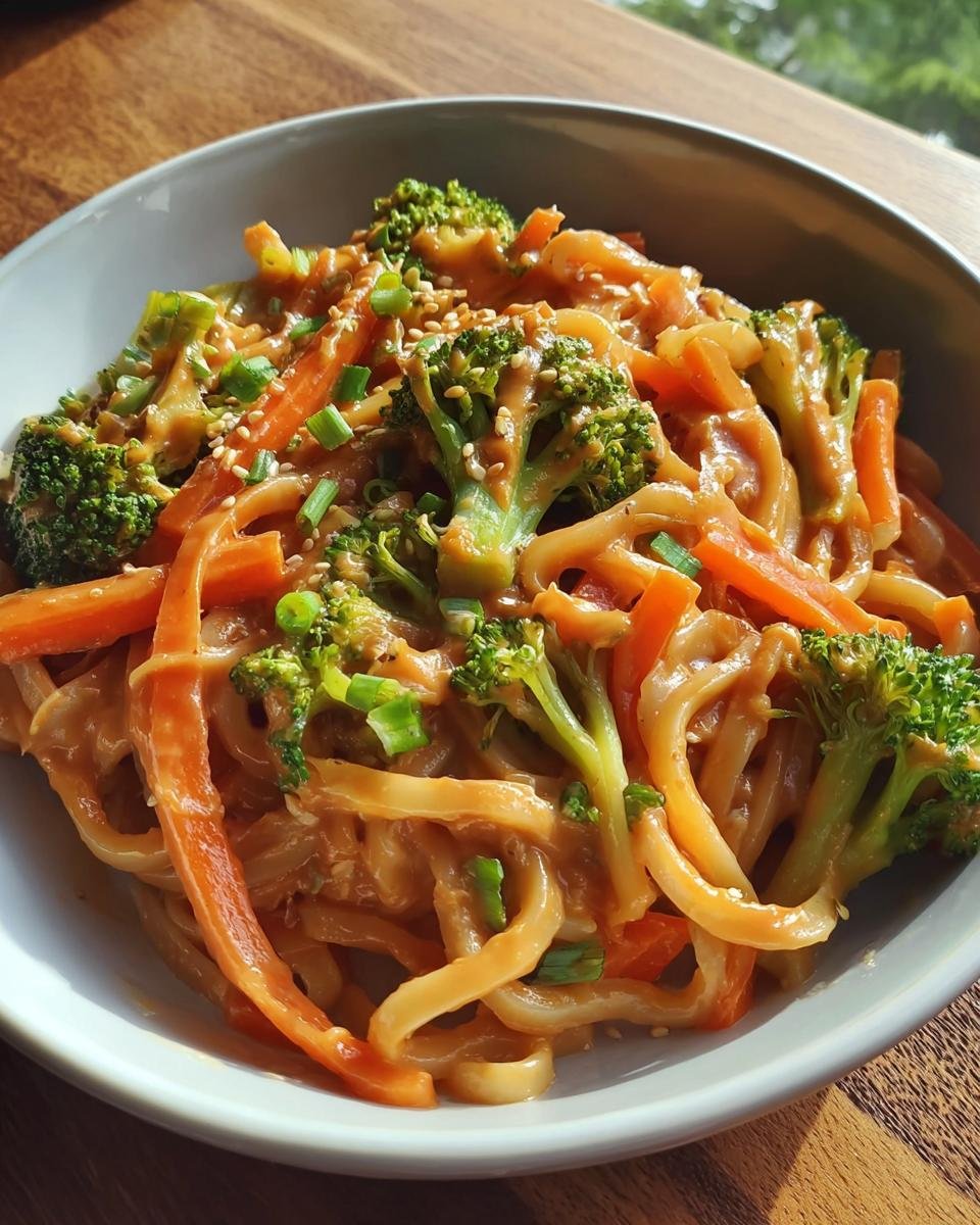 Nahaufnahme einer Schüssel mit Gemüsepfanne mit Erdnusssauce & Nudeln, belegt mit Brokkoli und Sesam.