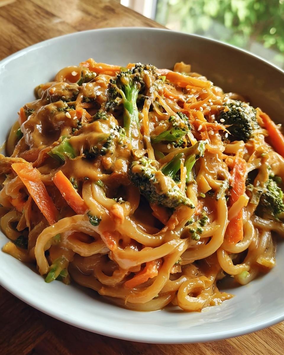 Nahaufnahme einer Schüssel mit cremiger Gemüsepfanne mit Erdnusssauce & Nudeln, belegt mit Brokkoli und Karotten.