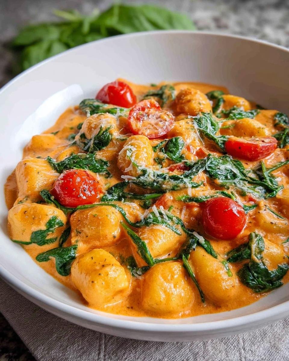 Nahaufnahme von Gnocchi in Tomaten-Sahne-Sauce, garniert mit frischem Spinat, halbierten Kirschtomaten und geriebenem Käse.