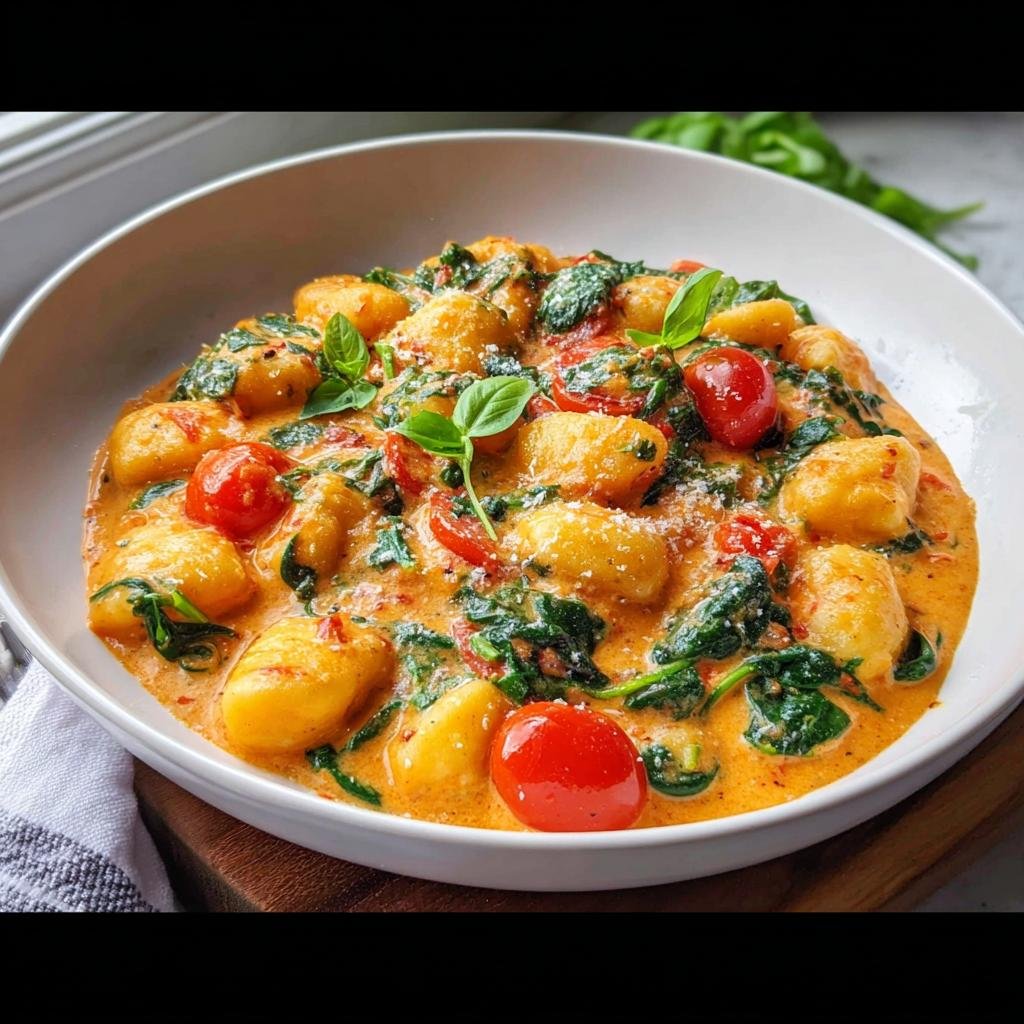 Nahaufnahme von Gnocchi in Tomaten-Sahne-Sauce mit frischem Spinat, Kirschtomaten und Basilikum garniert.