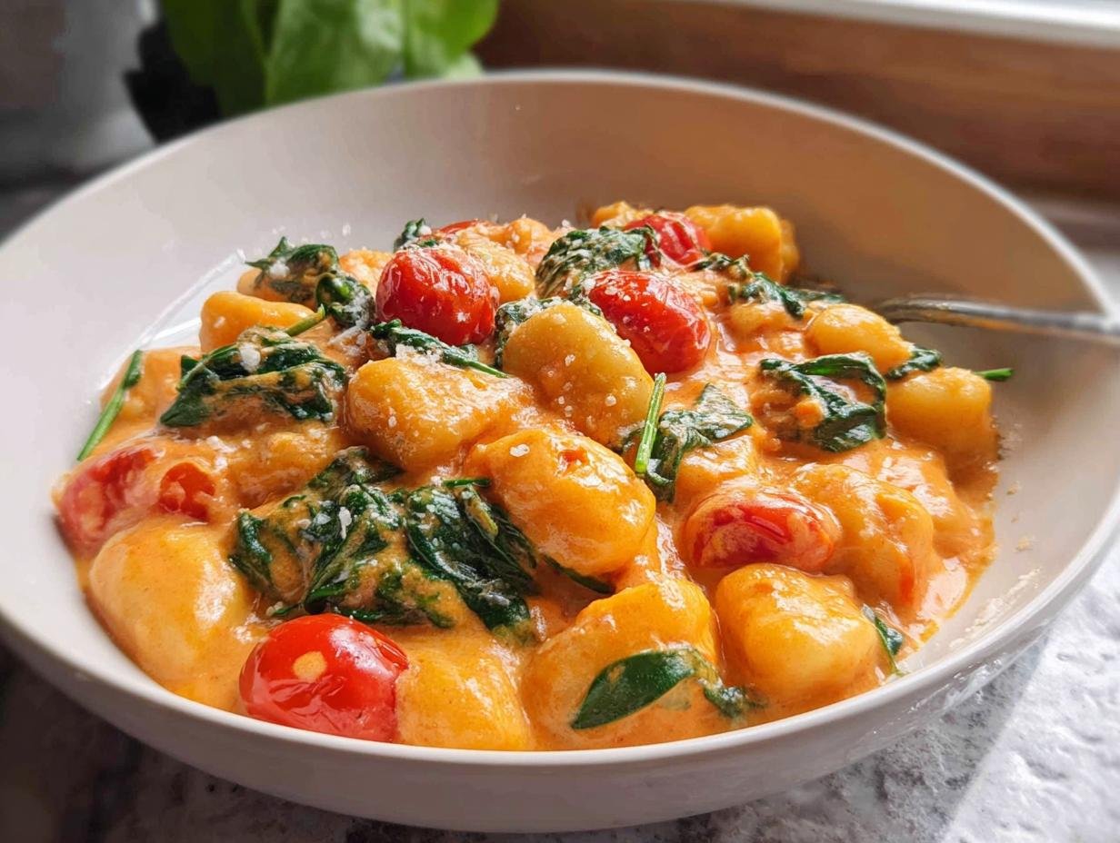 Nahaufnahme von Gnocchi in Tomaten-Sahne-Sauce mit Spinat und Kirschtomaten in einer weißen Schüssel.
