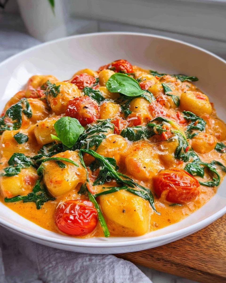 Close-up of Gnocchi in Tomaten-Sahne-Sauce with spinach and cherry tomatoes, garnished with basil.