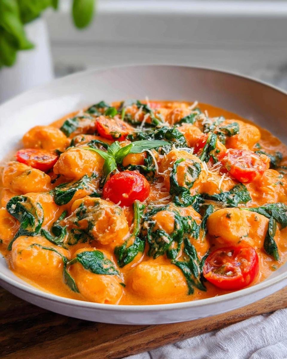 Close-up of Gnocchi in Tomaten-Sahne-Sauce mixed with wilted spinach and cherry tomatoes.