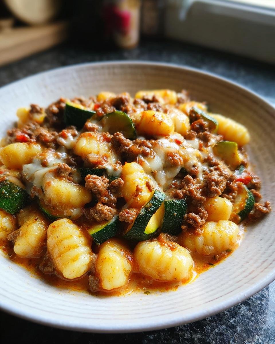Nahaufnahme einer fertigen Gnocchi-Pfanne mit Pesto, Tomaten, Zucchini und geschmolzenem Käse.