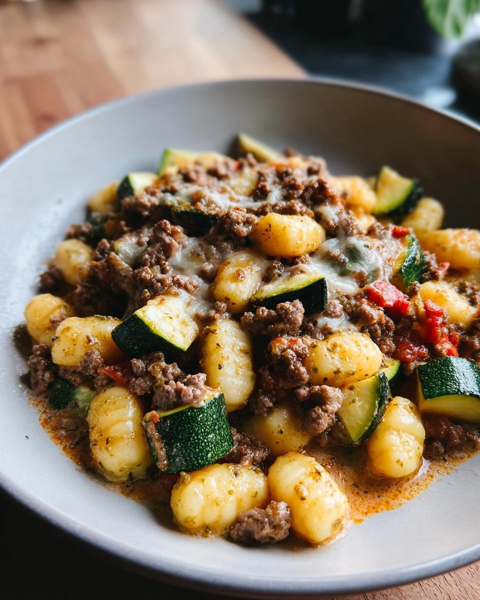 Nahaufnahme einer Gnocchi-Pfanne mit Pesto, Tomaten & Zucchini, Hackfleisch und geschmolzenem Käse in einer Schüssel.