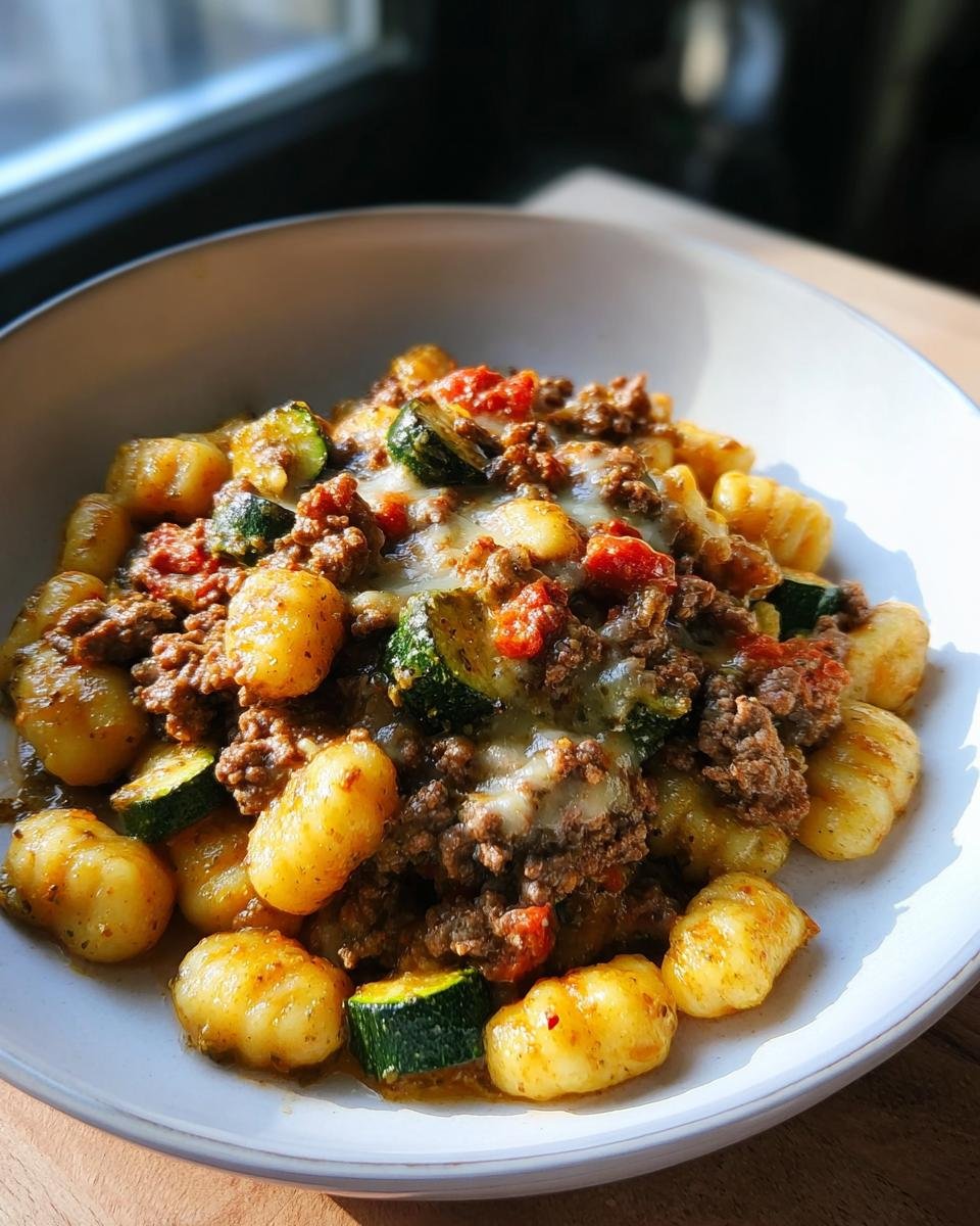 Eine Schüssel mit Gnocchi-Pfanne mit Pesto, Tomaten & Zucchini, bedeckt mit Hackfleisch und geschmolzenem Käse.