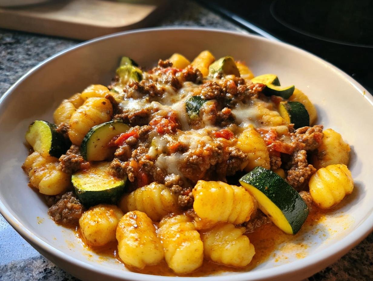 Nahaufnahme einer Gnocchi-Pfanne mit Pesto, Tomaten & Zucchini, bedeckt mit geschmolzenem Käse.