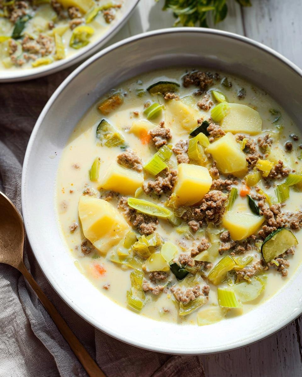 Nahaufnahme einer cremigen Hackfleisch-Lauch-Suppe mit großen Kartoffelstücken in einer weißen Schüssel.