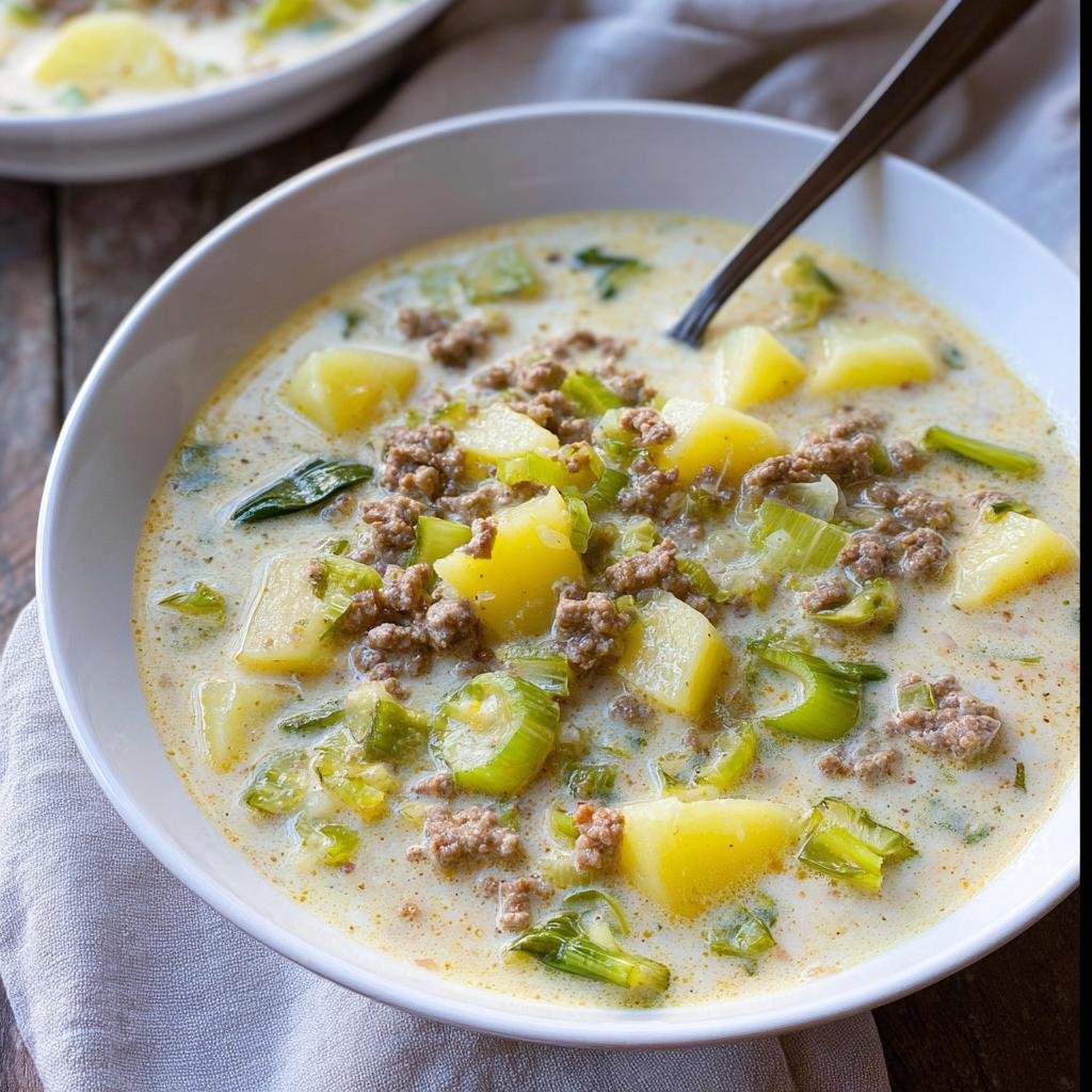 Nahaufnahme einer cremigen Hackfleisch-Lauch-Suppe mit großen Kartoffelstücken und Hackfleisch.