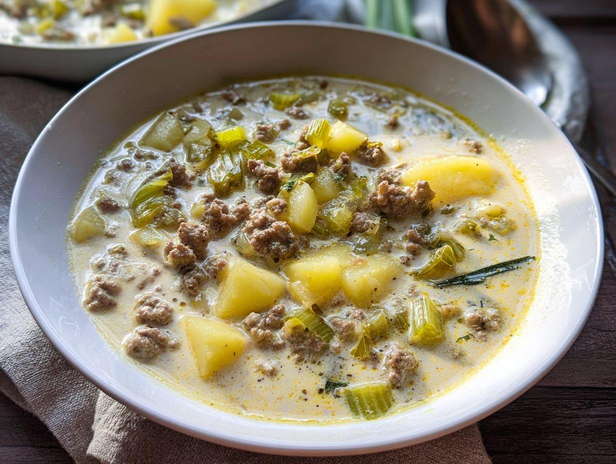 Glückliche 1 Hackfleisch-Lauch-Suppe (schnell & cremig)