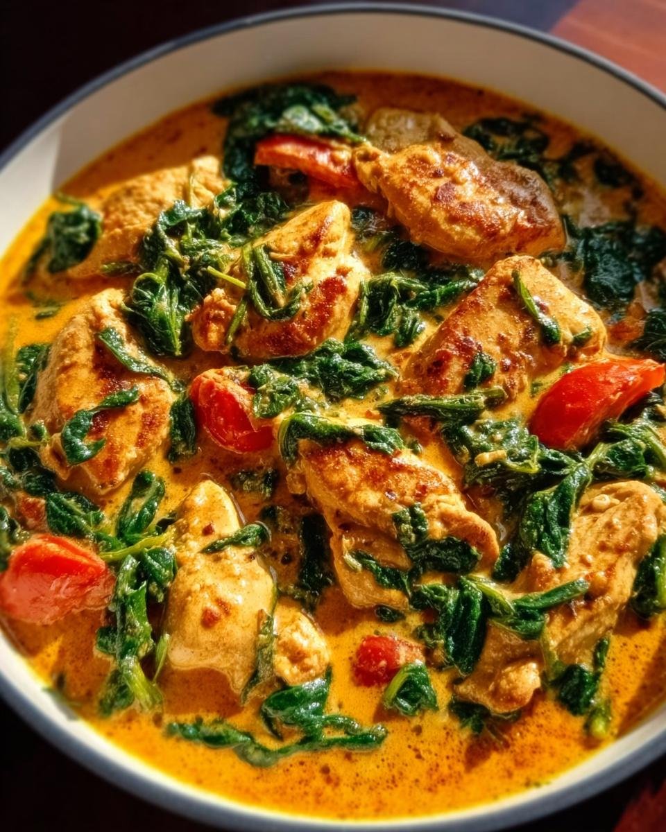 Nahaufnahme von cremigem Hähnchen-Curry mit Kokosmilch & Spinat und Tomatenstücken in einer Schüssel.