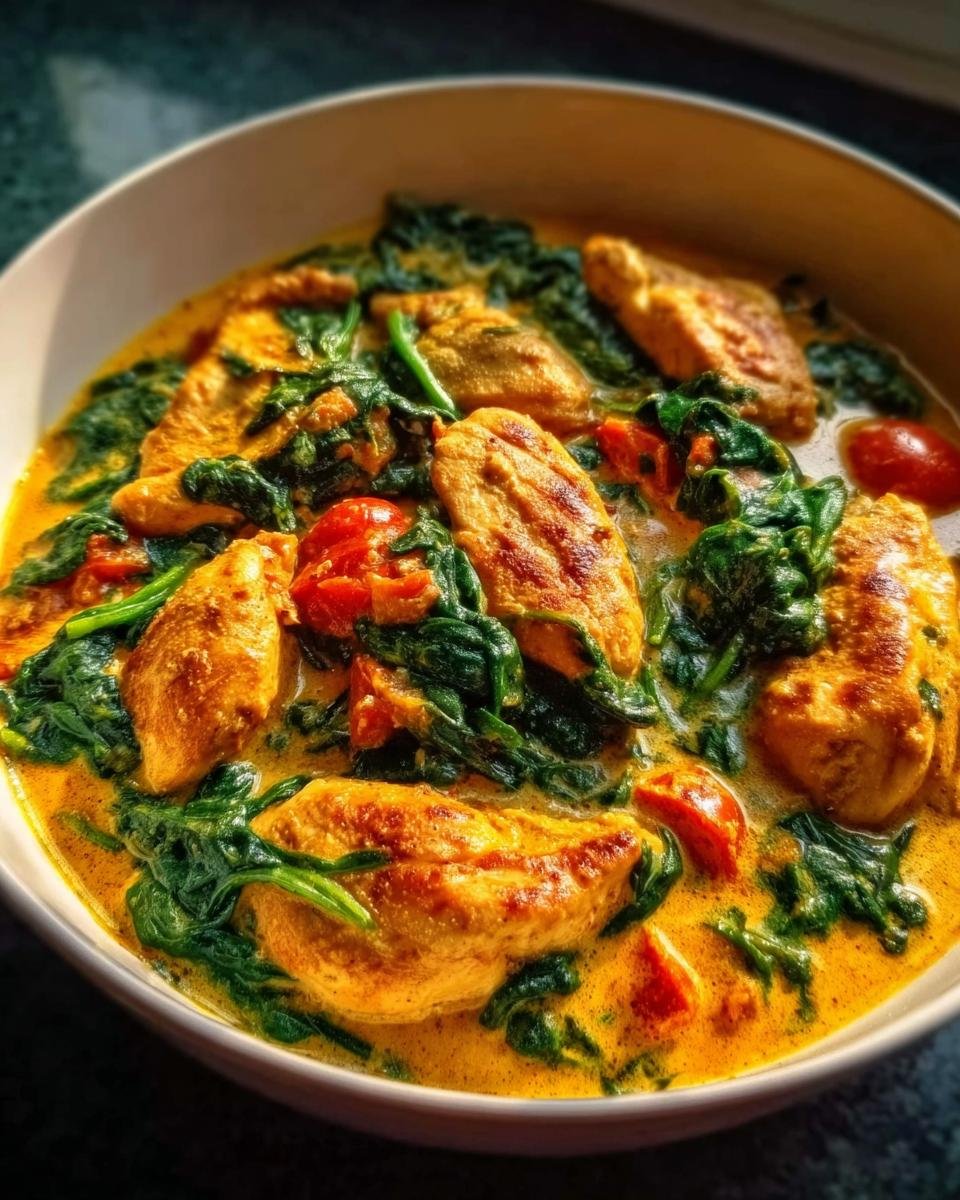 Nahaufnahme eines cremigen Hähnchen-Curry mit Kokosmilch & Spinat und Tomatenstücken in einer weißen Schüssel.