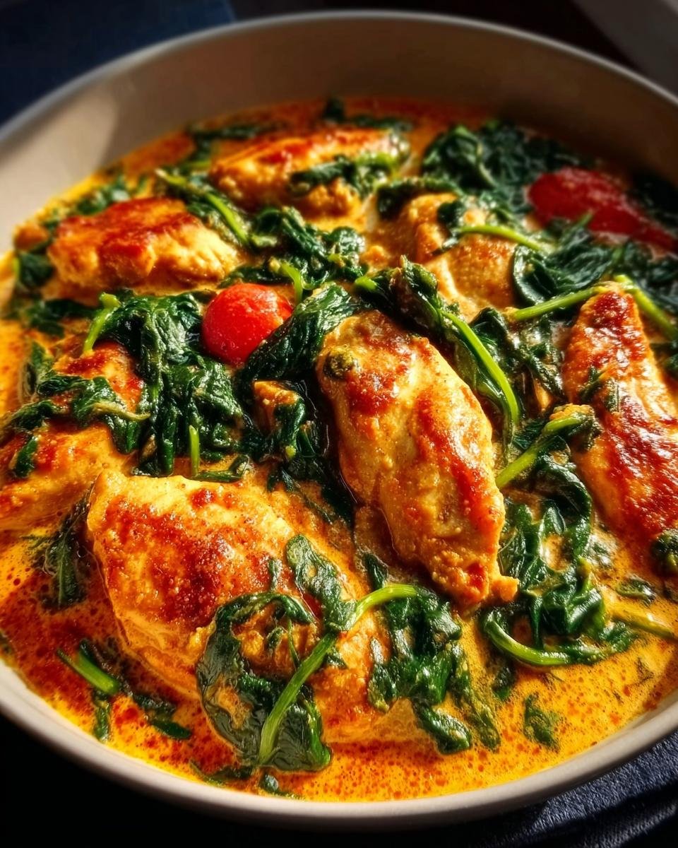 Nahaufnahme von saftigen Hähnchenstücken in einer cremigen, gelb-orangen Sauce mit viel grünem Spinat und kleinen roten Tomaten: Hähnchen-Curry mit Kokosmilch & Spinat.