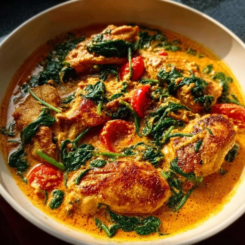 Nahaufnahme von cremigem Hähnchen-Curry mit Kokosmilch & Spinat und roten Tomatenstücken.
