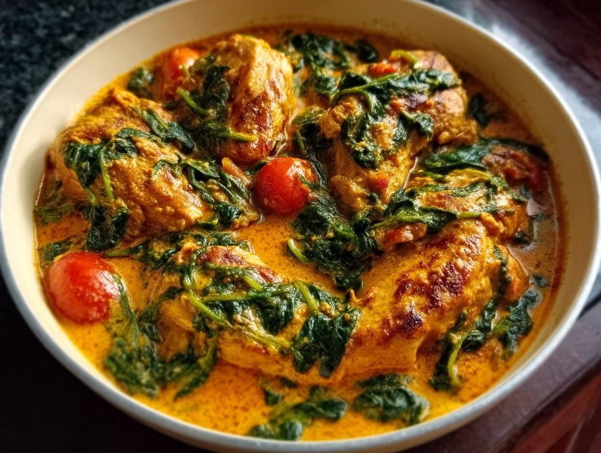 35 Min geniales Hähnchen-Curry mit Kokosmilch & Spinat