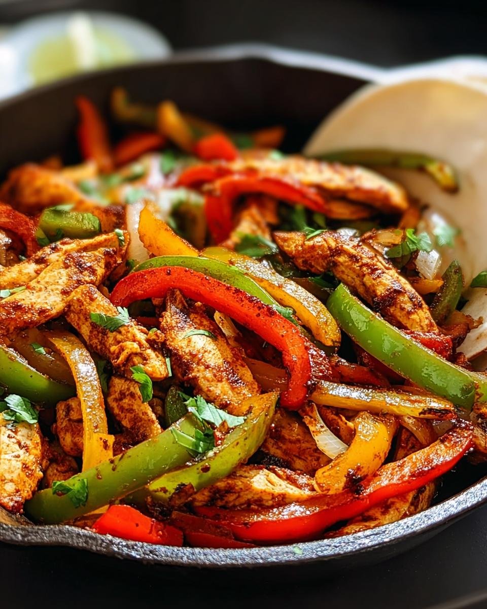 Nahaufnahme einer Hähnchen-Fajita-Pfanne mit gebratenen Streifen von Hähnchen, roten, grünen und gelben Paprika und Zwiebeln.