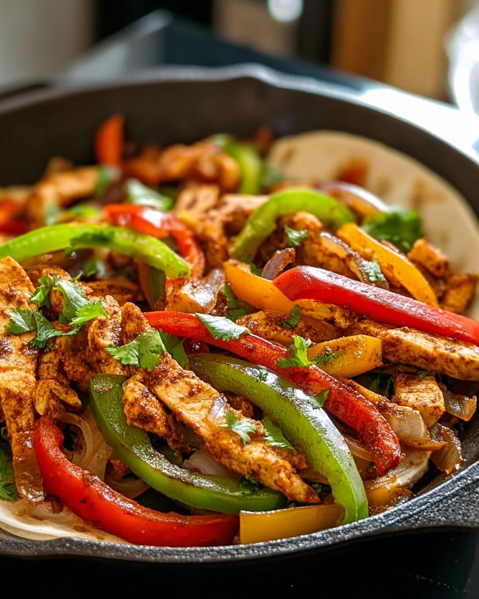 Nahaufnahme einer Hähnchen-Fajita-Pfanne mit Streifen von Hähnchen, grüner, roter und gelber Paprika sowie Zwiebeln.