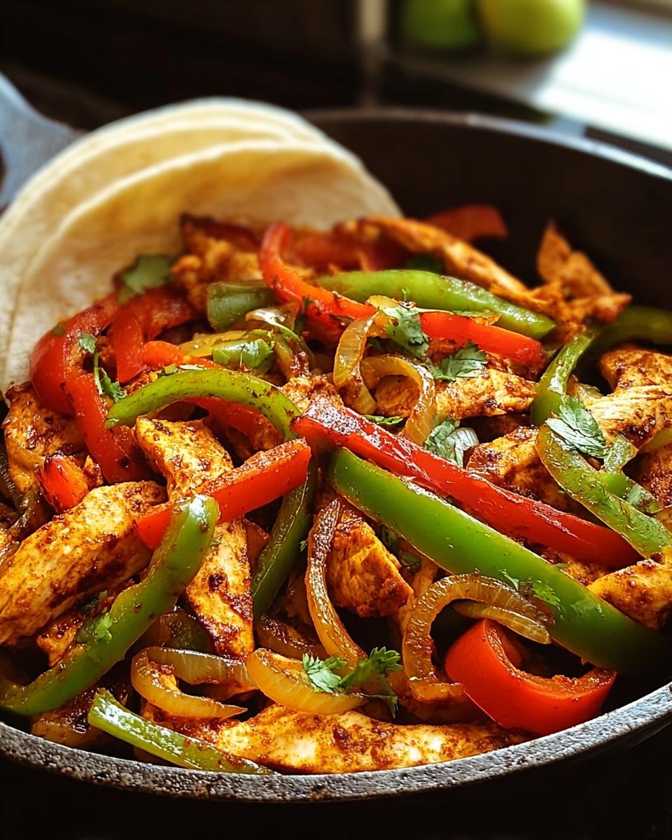 Nahaufnahme der Hähnchen-Fajita-Pfanne mit gebratenen Streifen von Hähnchen, roten und grünen Paprika sowie Zwiebeln, serviert mit Tortillas.
