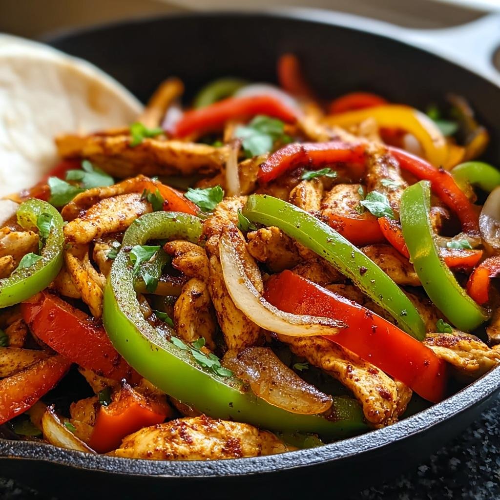 Nahaufnahme einer Hähnchen-Fajita-Pfanne mit gebratenen Hähnchenstreifen, grünen, roten und gelben Paprikastreifen und Zwiebeln.